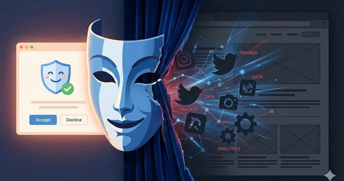 Browser DevTools Network tab showing tracking requests firing before consent