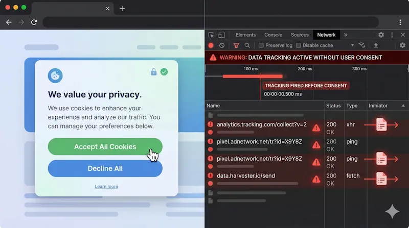 DevTools Network tab showing blocked tracking scripts before consent
